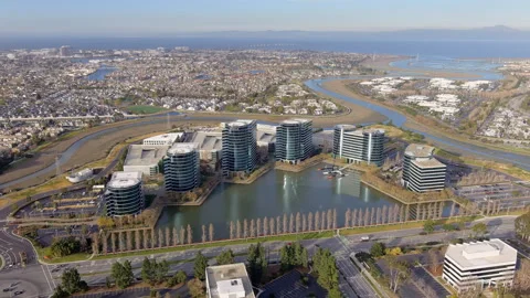 Oracle business office complex and the San Francisco Bay Area - aerial Video stock 243553716