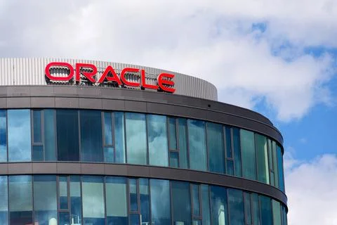 Oracle company logo on headquarters building on May 29, 2025 in Prague, Cze.. Stock Photos