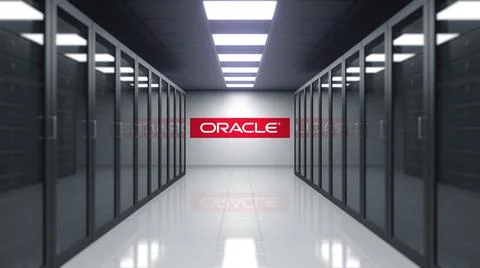 Oracle Corporation logo on the wall of the server room. Editorial 3D rendering Stock Illustration
