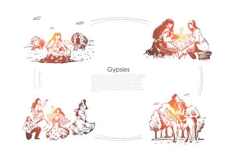 Oracle, fortune telling, future divination, young women in dresses dancing, m Stock Illustration