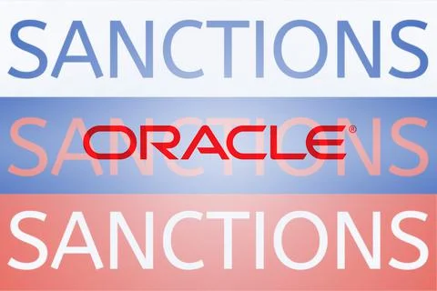 Oracle logo in front of the Russian flag. Sanctions against Russia over its Ilustração Stock