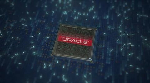 ORACLE SA logo on the chip on computer board. Conceptual editorial 3d rendering Illustrazione stock