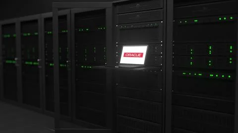 ORACLE SA logo on the screen in a modern server room. Conceptual editorial 3d 스톡 일러스트