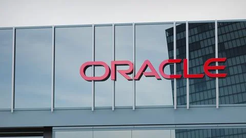 Oracle Stock data presented on the logo of the office facade editorial Stock Photos