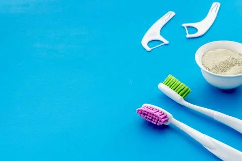 Oral care and hygiene layout of dental tools. Close up Stock Photos