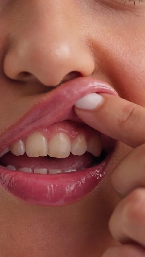 Oral care, teeth and hands of woman with gums for gingivitis, root planing and Stock Footage 333678320