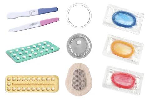 Oral contraceptives, patch, vaginal ring, condoms and ovulation tests isola.. Stock Photos