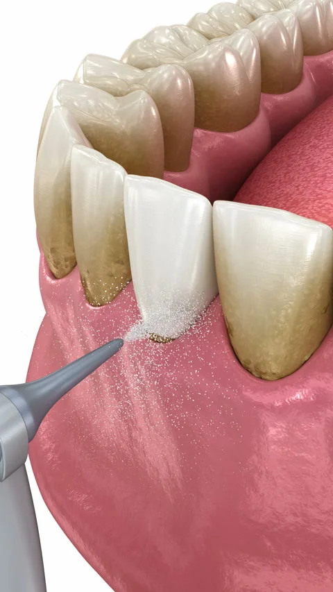 Oral hygiene: Air flow teeth cleaning process. Dental 3D animation Stock-Footage 314453043