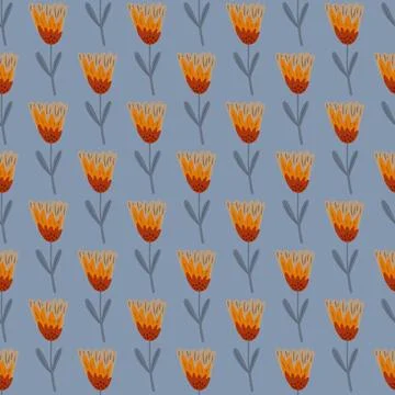 Orane colored flower elements seamless pattern. Blue background. Botanical ba 스톡 일러스트