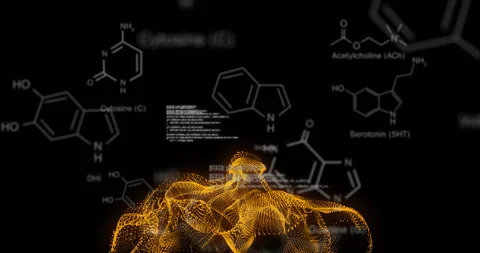 Orange 3D mesh forming glowing brain shape floating in black, showing white Stock Footage 308659836
