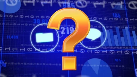 Orange 3D question mark zooming in, growing while icons orbiting blue grid, Stock Footage 333170183