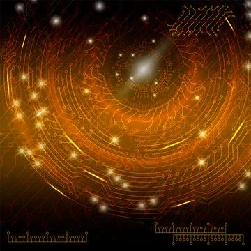 Orange abstract digital technological background with various rotating elem.. Illustrazione stock