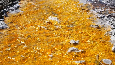 Orange Algae and Bacterial Pool With Hot Water Flowing Over It (Yellowstone) Stock Footage 128036092