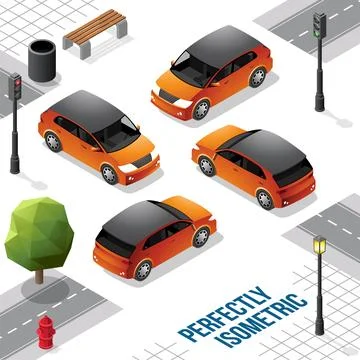 Orange and Black Isometric Hatchback Car from Front Back Right and Left Stock Illustration