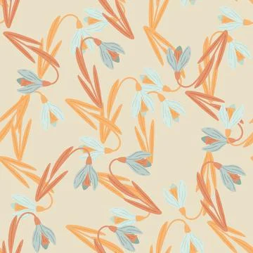 Orange and blue colored spring snowdrop elements seamless pattern. Beige back Stock Illustration