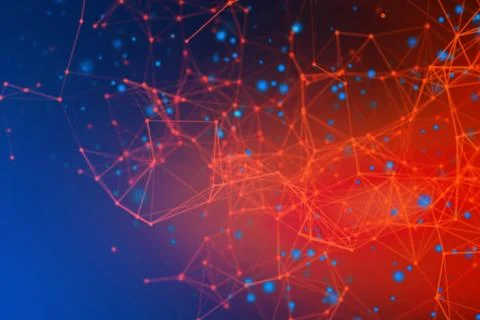 Orange and blue digital data and network connection triangle lines and sphere Stock Illustration