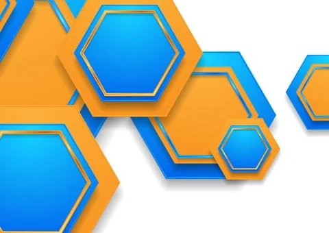 Orange and blue geometric tech background with glossy hexagons Stockillustratie