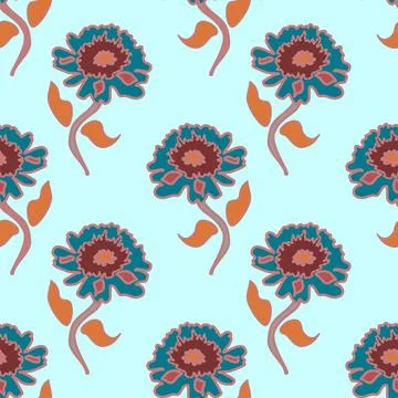 Orange and blue vector repeat floral pattern with turquoise flowers arranged  Stock Illustration
