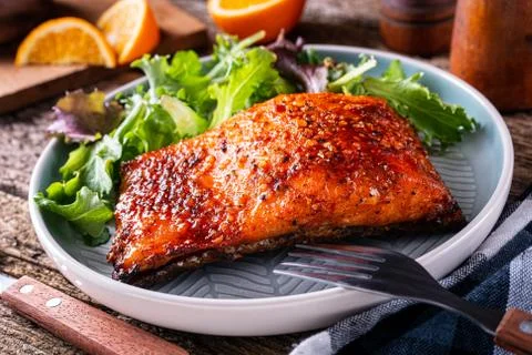 Orange and Ginger Glazed  Cedar Planked Salmon Stock Photos