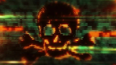 Orange and green binary code forming a skull shape, representing cyber crime Stock Footage 308433245