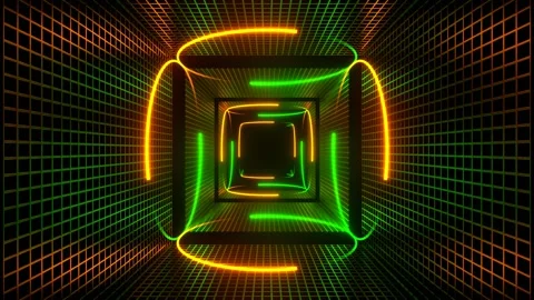 Orange and Green Neon Circle Lights in Square Frames Background VJ Loop Stock Footage 304533737