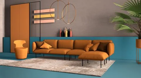 Orange and light blue colored contemporary living room, pastel colors, sofa,  Stock Illustration
