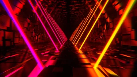 Orange and Pink Endless Sci-Fi Corridor with Neon Long Lamps Background VJ L Stock Footage 308534180