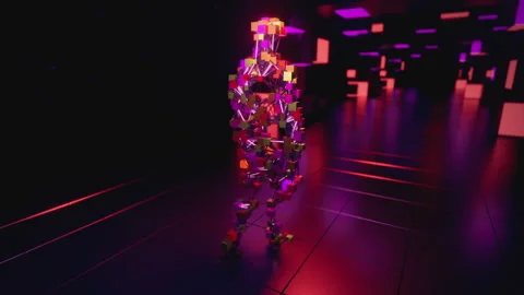 Orange and red cube particle man walking in 3d space VJ loop Video stock 234250911