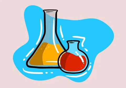 Orange and Red flask liquid icon. Chemical laboratory research. Vector Stock Illustration