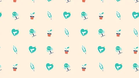 Orange and teal seamless loop pattern of tree, sprout in pot, green leaf icons Stock Footage 346184211