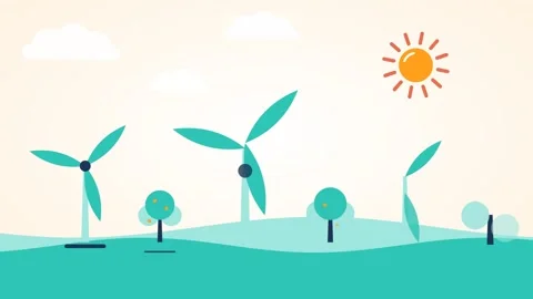Orange and teal wind farm flat design landscape animation, renewable energy and Stock Footage 346184269