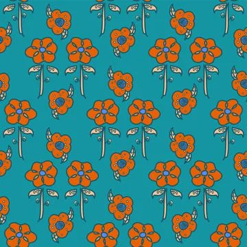Orange And Turquoise Cute Vector Floral Repeating Seamless Pattern Stock Illustration