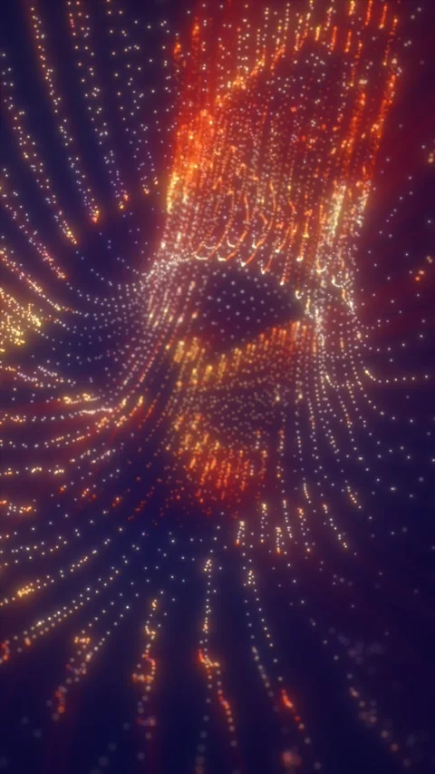 Orange and white glowing particles form a dynamic digital vortex on a dark .. Stock Footage 339032807