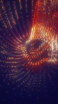 Orange and white glowing particles form a dynamic digital vortex on a dark .. イラスト素材