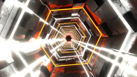 Orange and White Hexagonal Sci-Fi Tunnel with Neon Lights Background VJ Loop Stock Footage 294917629