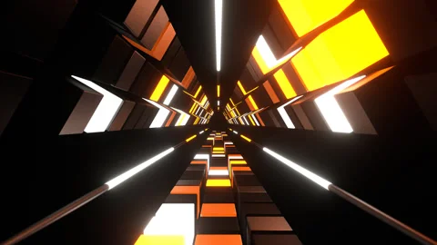 Orange and White Neons in Triangular Tunnel of Squares Background VJ Loop Stock Footage 341803399