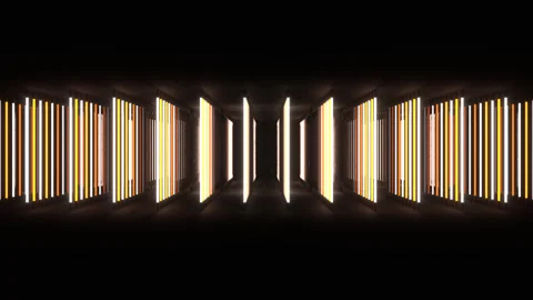 Orange and White Sequential Light Wave in Cracked Mirror Room Background VJ Loop Video stock 342279595