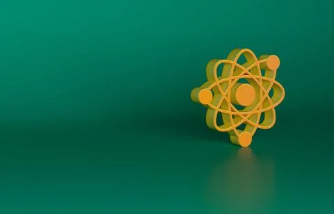Orange Atom icon isolated on green background. Symbol of science, education Stock Illustration
