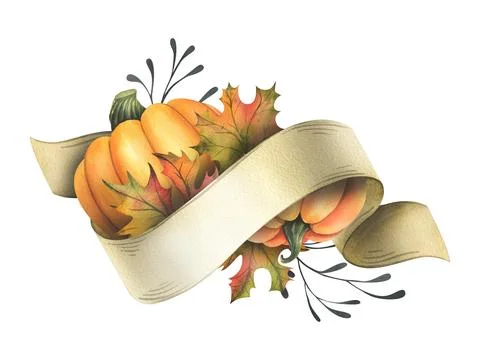 Orange autumn pumpkins with maple leaves, twigs and paper roll blank template Stock Illustration