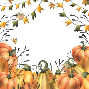 Orange autumn pumpkins with maple leaves, flags garland and twigs. Watercolor Stock Illustration