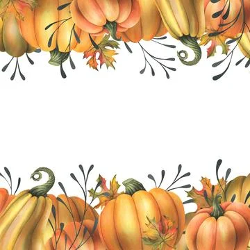 Orange autumn pumpkins with maple leaves and twigs. Watercolor illustration Stock Illustration