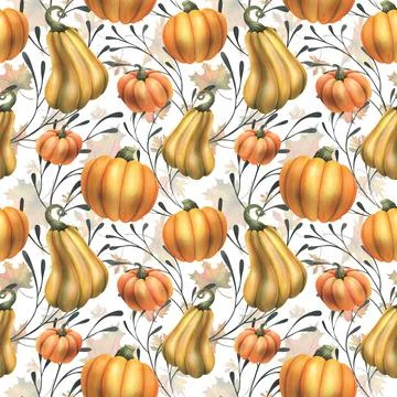 Orange autumn pumpkins with maple leaves and branches. Watercolor illustration Stock Illustration