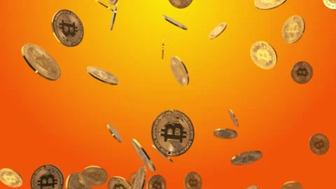 Orange Backdrop with Gold Floating Bitcoins Stock Footage 161650354