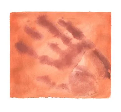 Orange background painted by brush with imprinted hand palm. Watercolor paint Stock Illustration