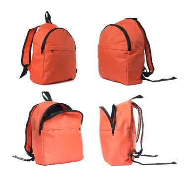 Orange backpack isolated on white, collage. Different sides Stock Photos