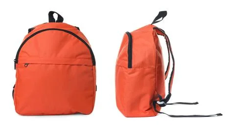 Orange backpack isolated on white, collage. Different sides Photos
