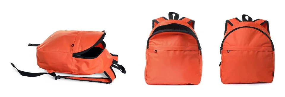 Orange backpack isolated on white, collage. Different sides Photos