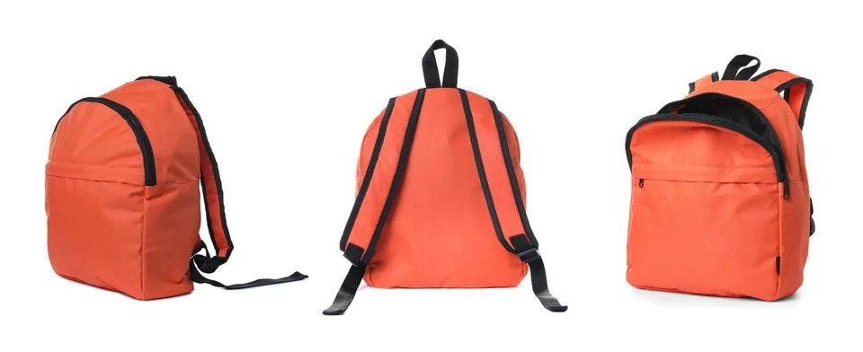 Orange backpack isolated on white, collage. Different sides Photos