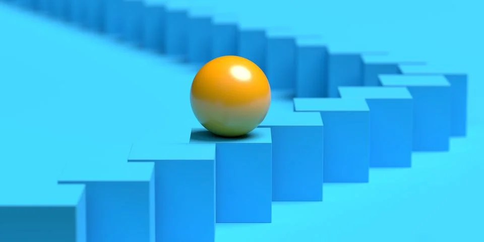 Orange ball or sphere on path of of blue boxes on cyan background, business.. Stock Illustration
