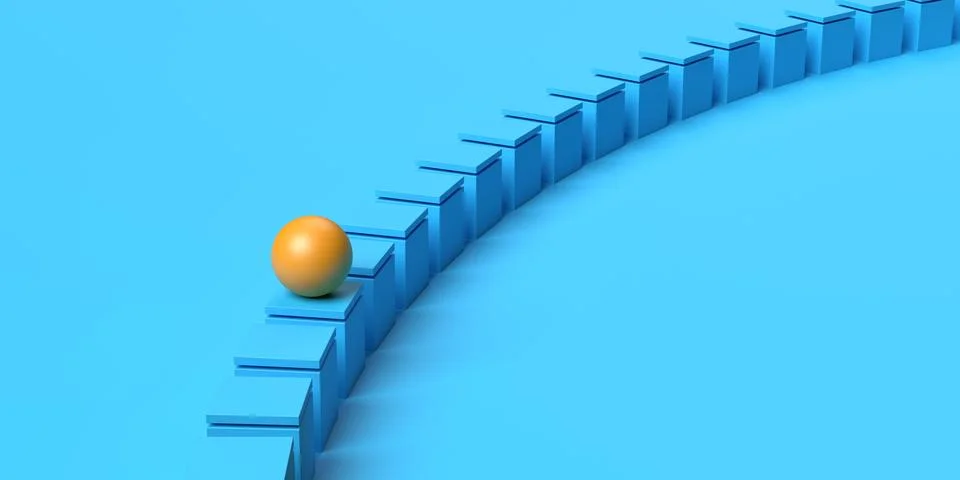 Orange ball or sphere on path of of blue boxes on cyan background, business.. Stock Illustration